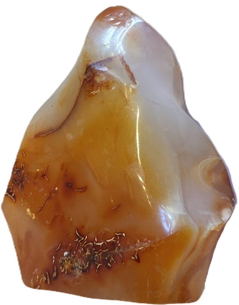 Hand carved polished carnelian flame sculpture featuring twisting ridges with deep mahogany red burnt orange tones and smoky chalcedony patches isolated on a white background